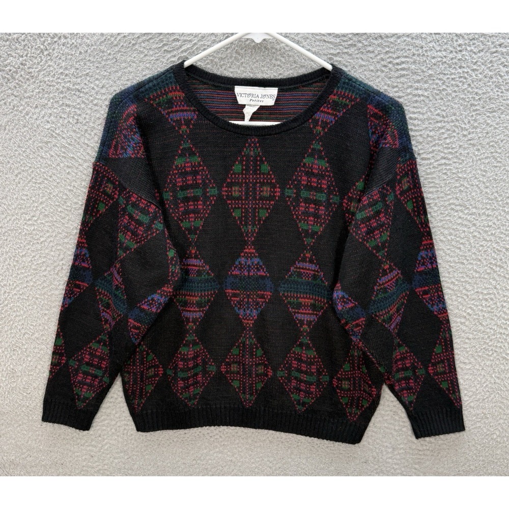 Vintage Victoria Jones Sweater Womens Large Petite Multicolor Knit Crewneck 90s‎